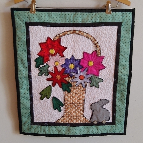 Handmade Spring Quilt Mini Flowers Rabbit Easter 17"x 19" Cotton Daryl Perry - Picture 2 of 7